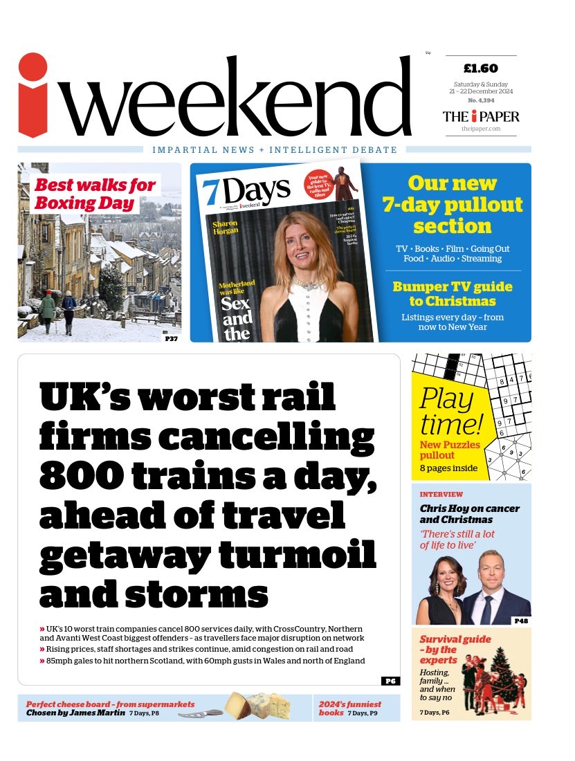 i Weekend: “UK’s worst rail firms cancelling 800 trains a day, ahead of travel getaway turmoil and storms” #TomorrowsPapersToday