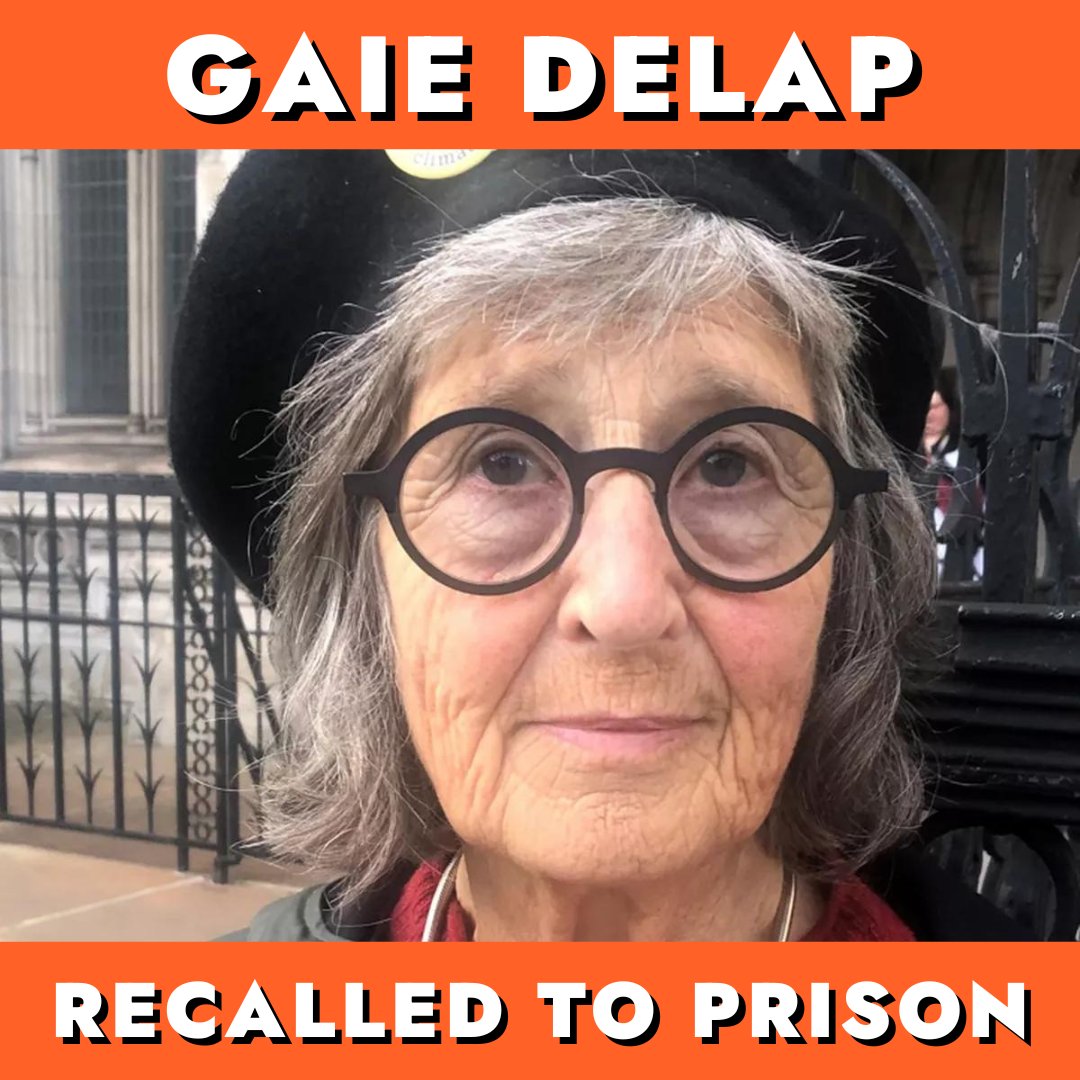 🚨 BREAKING: GAIE RECALLED TO PRISON FOR CHRISTMAS

Gaie Delap, a 77 year old retired teacher, has been arrested and taken to a prison in Bristol after being told her wrists were too small for an electronic tag.

She had been released from prison to serve the remainder of her