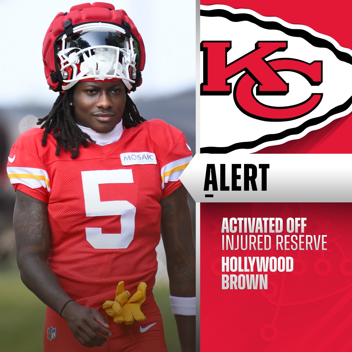NFL's tweet photo. Chiefs activate WR Hollywood Brown from IR and will make his season debut vs. Texans. https://t.co/9eK7I0rjvN
