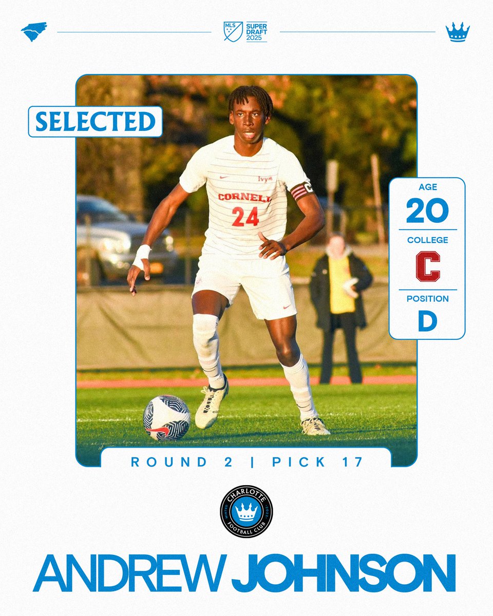 Charlotte FC (@charlottefc) on Twitter photo A leader and anchor on the <a href="/CornellMSoccer/">Cornell Men's Soccer</a> backline 🫡
We have selected Andrew Johnson with the 47th overall pick of the 2025 SuperDraft A leader and anchor on the <a href="/CornellMSoccer/">Cornell Men's Soccer</a> backline 🫡
We have selected Andrew Johnson with the 47th overall pick of the 2025 SuperDraft