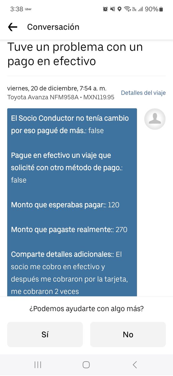 Griselsiaja's tweet photo. @Uber_MEX @Uber  @Uber_Support 
En la mañana mi esposo tuvo un conflicto con un conductor, a pesar de eso, se le pagó en efectivo y no le dio el cambio y después el mismo viaje me lo cobraron a mi tarjeta.
¡PAGUE 2 VECES! https://t.co/gU2dA5ir6Y