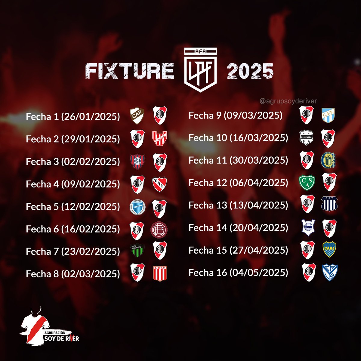 📆 𝗙𝗘𝗖𝗛𝗔𝗦 𝗟𝗜𝗚𝗔 2️⃣0️⃣2️⃣5️⃣
📋⚽ Te contamos el Fixture para el Millonario correspondiente a la Zona B de La <a href="/LigaAFA/">Liga Profesional de Fútbol</a> 2025 que incluye los interzonales y el superclásico ante Boca en la fecha 15 en el 🏟️ Mâs Monumental.