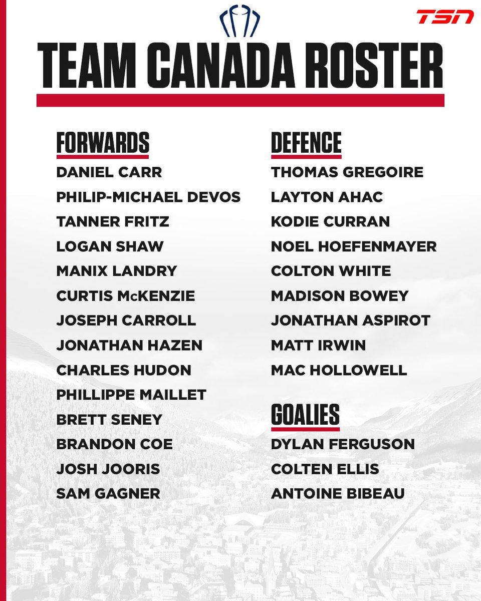 TSN_Sports's tweet photo. Twenty-six players will wear the Maple Leaf when Canadaβs National Menβs Team looks to capture a record 17th championship at theΒ 2024 Spengler Cup, Dec. 26-31 in Davos, Switzerland. https://t.co/viX5iAZpJ5
