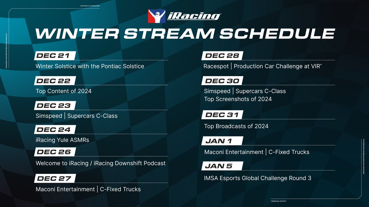 Don’t forget, tomorrow the <a href="/iRacing/">iRacing</a> Winter Specials begin. We hope you all have a happy holidays and enjoy the content we have planned. ❄️