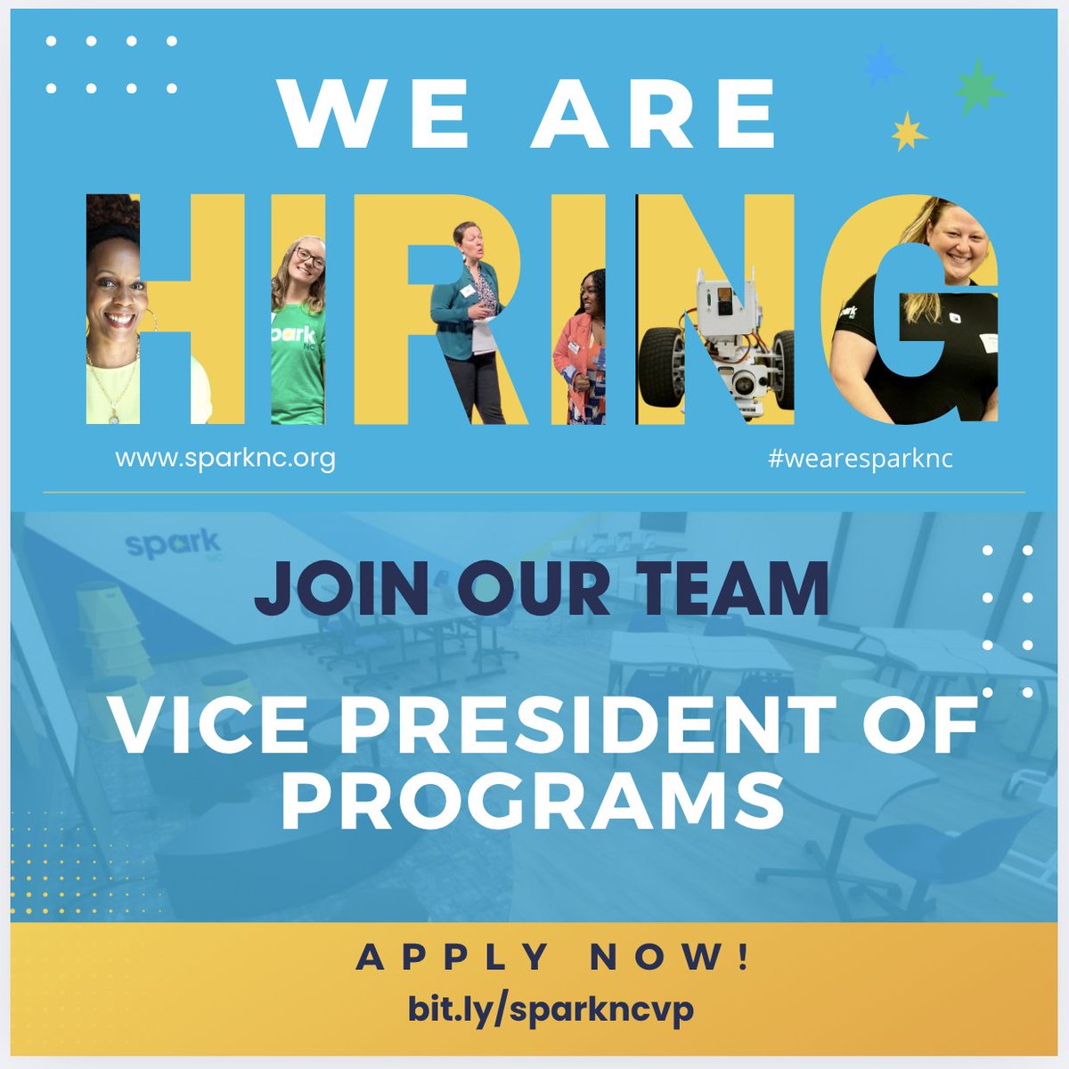 sparknc (@wearesparknc) on Twitter photo SparkNC is hiring a Vice President of Programs! Lead our Programs Team to implement and scale our program that inspires future-ready learners. Passionate about reimagining education?<a href="/lynn_moody/">Lynn Moody</a> <a href="/DanaMBrinson/">Dana Brinson</a>
Apply now!
bit.ly/sparkncvp SparkNC is hiring a Vice President of Programs! Lead our Programs Team to implement and scale our program that inspires future-ready learners. Passionate about reimagining education?<a href="/lynn_moody/">Lynn Moody</a> <a href="/DanaMBrinson/">Dana Brinson</a>
Apply now!
bit.ly/sparkncvp