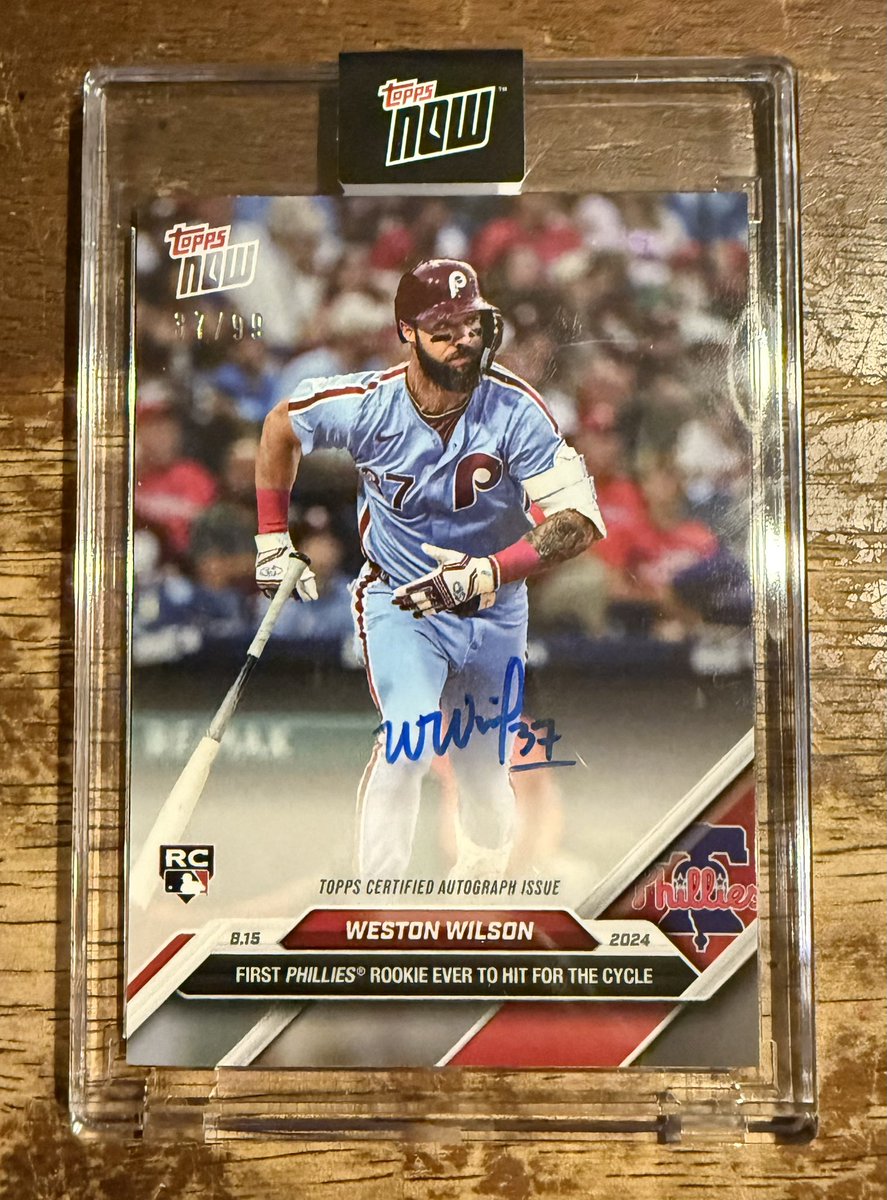 mjustin24's tweet image. Cool little extra from @Weston_Wilson8 on his @Topps now “cycle” card. He signed them all with his jersey #37, but he underlined it on card #37. Hope he’ll be pleased to know it went to a @Phillies season ticket holder.