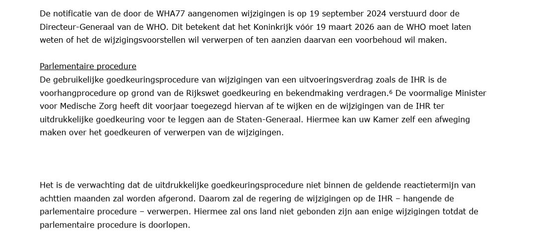BezorgdeBurgerX's tweet photo. @estanaqui @VierdeGolf Ben benieuwd wat je ervan vindt. Vandaag is ook een andere brief verstuurd over de goedkeuringsprocedure van de wijzigingen van de IHR en een update over de onderhandelingen over het pandemie-instrument.  https://t.co/4cFTUiPgUD

Daarin staat oa dit: https://t.co/lqMq63dUHq