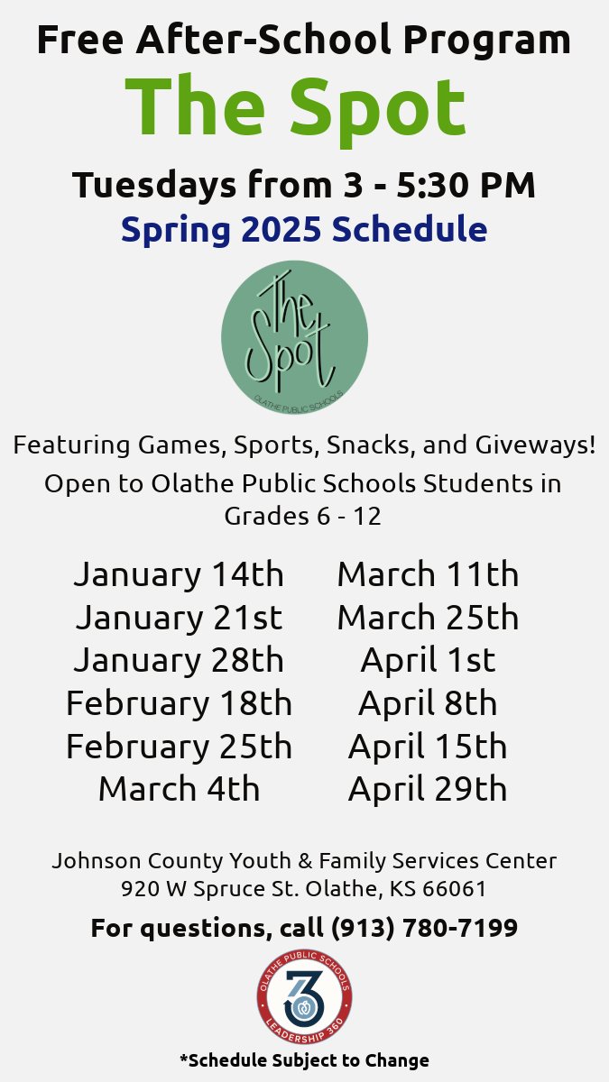 All Olathe Public Schools 6th - 12th grade students are welcome to The Spot after-school program on Tuesdays. No registration is necessary; students can simply arrive and take part in games, mentoring, snacks, and more. The first session of 2025 will be held on Tues. Jan. 14!