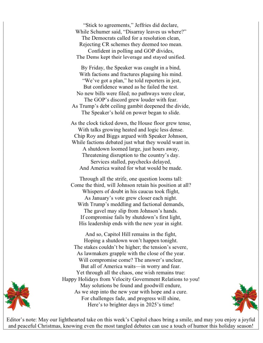 🎄‘Twas the week before shutdown &amp; all through the Hill…

<a href="/VelocityGovern1/">Velocity Government Relations</a> turned Capitol chaos into a holiday classic!  Check out our take on funding battles, wrangling &amp; a looming shutdown.   

Thanks <a href="/JakeSherman/">Jake Sherman</a> &amp; <a href="/apalmerdc/">Anna Palmer</a> for keeping us in the loop!