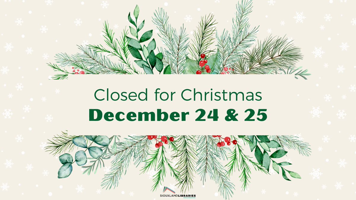 All Siouxland Libraries branches, including Expanded Access, will be closed for Christmas Tuesday, Dec. 24 and Wednesday, Dec. 25. ❄️ 

Grab your holiday reading before the closure! sioux.na2.iiivega.com