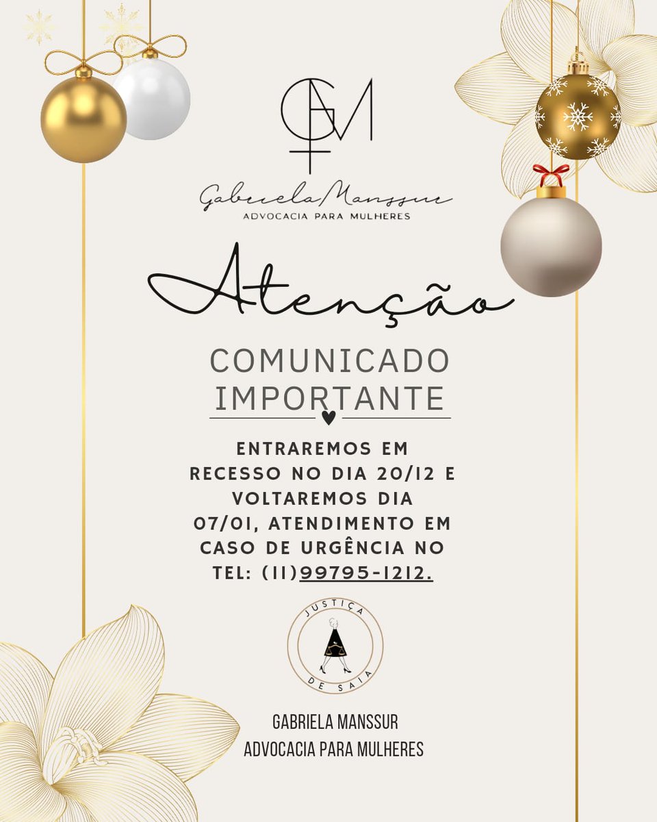 ⚠️ Atenção, clientes e seguidores!⚠️ 

Nosso escritório entrará em recesso de 20/12 a 06/01. Voltaremos com as baterias recarregadas no dia 07/01. Para qualquer emergência, estamos disponíveis no:📲 (11)99795-1212. ✨♀️⚖️

 #recesso #ferias #feliznatal #anonovo #atendimento