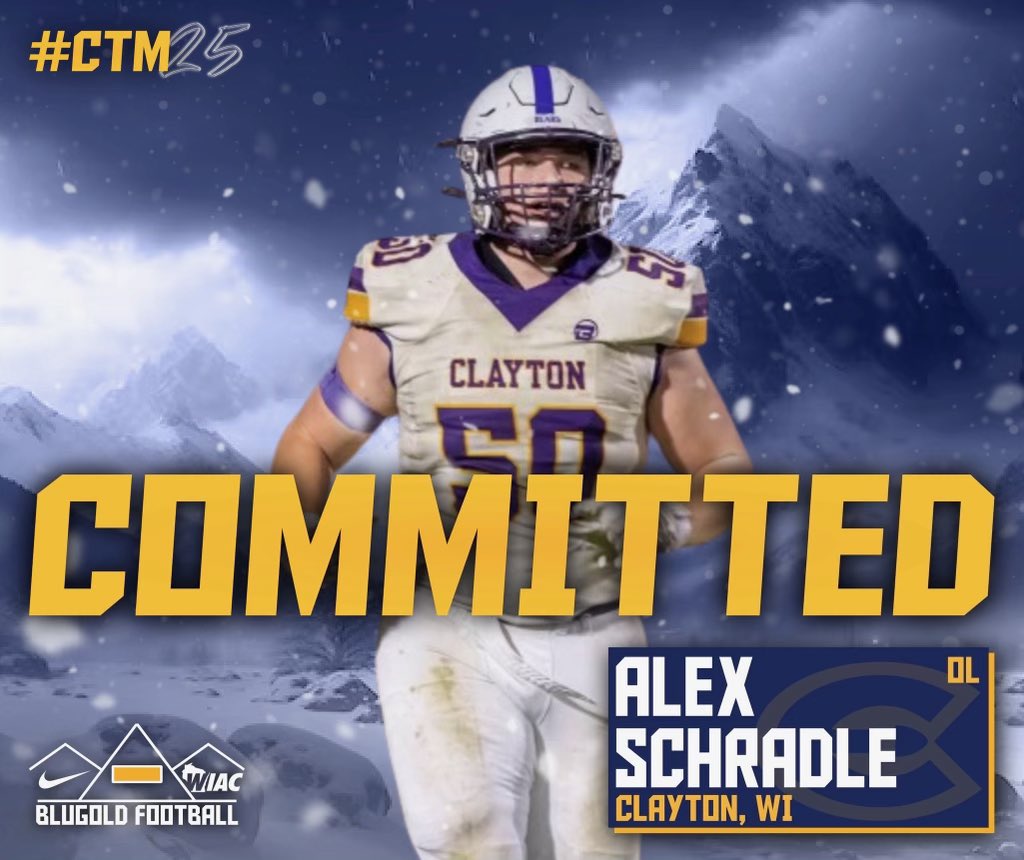 Alex Schradle (@alexschradle) on Twitter photo I am excited to announce my commitment to UW Eau Claire to continue my academic and athletic career! Can’t wait to join the Climb!
<a href="/CoachE_Blugolds/">Rob Erickson</a> <a href="/CoachMcHugh62/">Mike McHugh</a>
<a href="/PrepRedzoneWI/">Prep Redzone Wisconsin</a> I am excited to announce my commitment to UW Eau Claire to continue my academic and athletic career! Can’t wait to join the Climb!
<a href="/CoachE_Blugolds/">Rob Erickson</a> <a href="/CoachMcHugh62/">Mike McHugh</a>
<a href="/PrepRedzoneWI/">Prep Redzone Wisconsin</a>