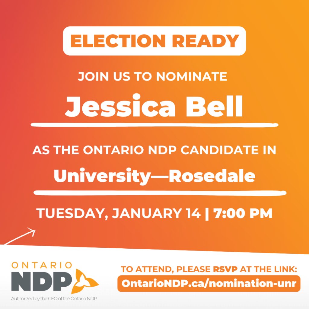 JessicaBellTO's tweet photo. You’re invited! Join me at my nomination meeting to be your next Ontario NDP candidate in University-Rosedale.

Tuesday January 14, 2025 – RSVP here! ⬇️

https://t.co/XE6L4Xsc42

#onpoli #universityrosedale https://t.co/I3x9yVGqS7
