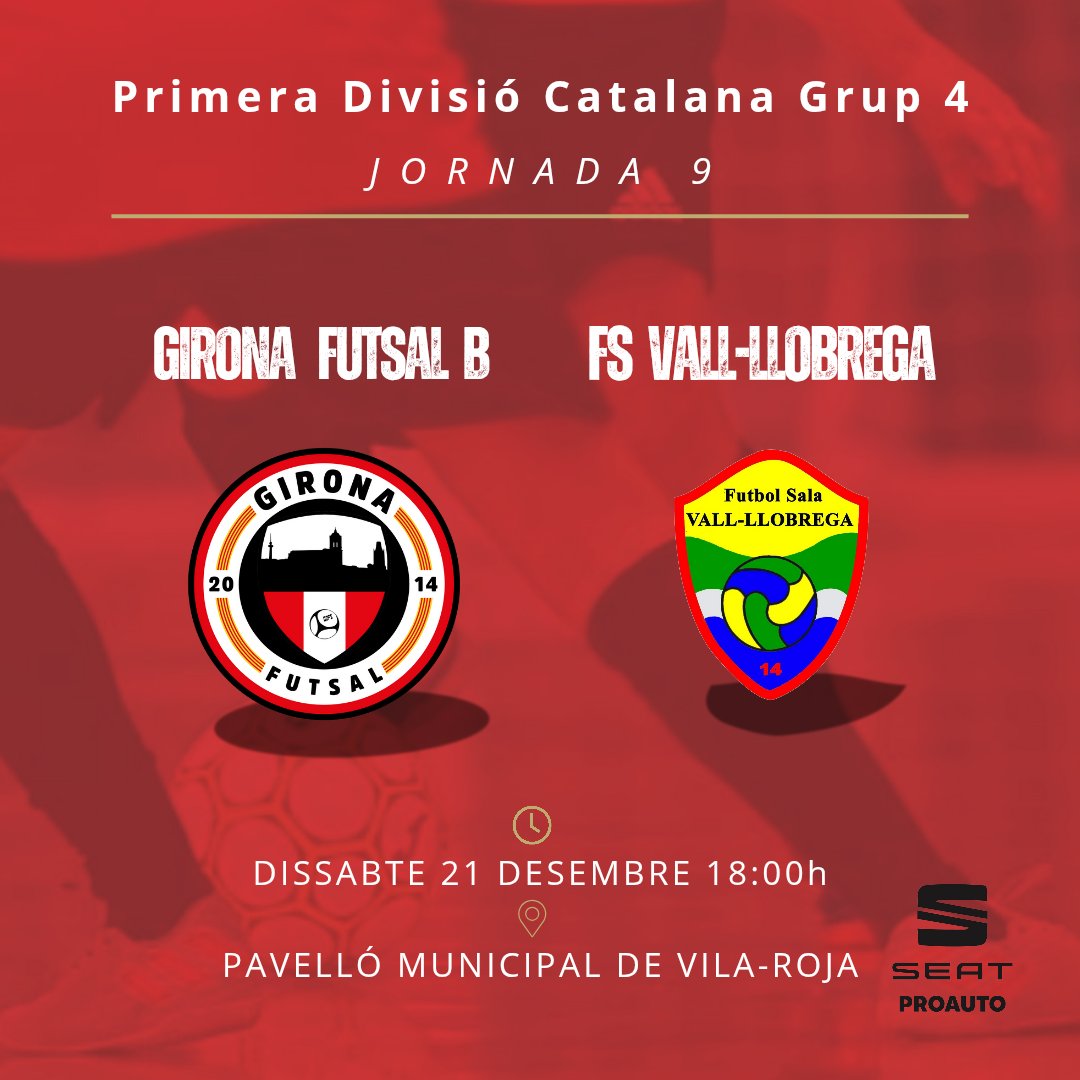 JORNADA 9 | SÈNIOR B

📅 Dissabte 21 de desembre 
📍Pavelló Vila Roja
⏱ 18h 

Vine a animar el nostre equip!!!!

#futsalgirona #futsal #futsal⚽️ #futbolsala #futbolsalacatala #futbolsalacatalunya #girona #orgullgironí #culturadelesforç