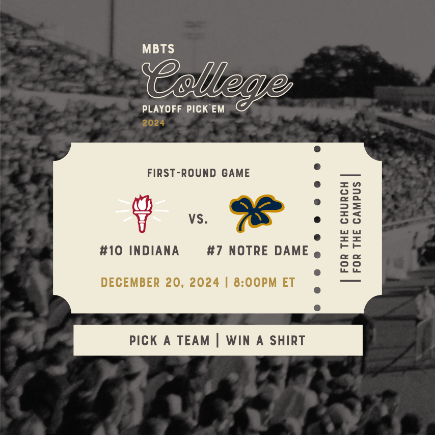 MBTS's tweet photo. 🏈 GAME 1 of College Football Pick'ems! 🏈 10. Indiana vs. 7. Notre Dame. 

Reply with your winning team and final score predictions. The closest prediction will win a custom #ForTheChurch Campus Shirt of the winning school!

Plus, enter to win our grand prize here: https://t.co/RvSo08Irfp