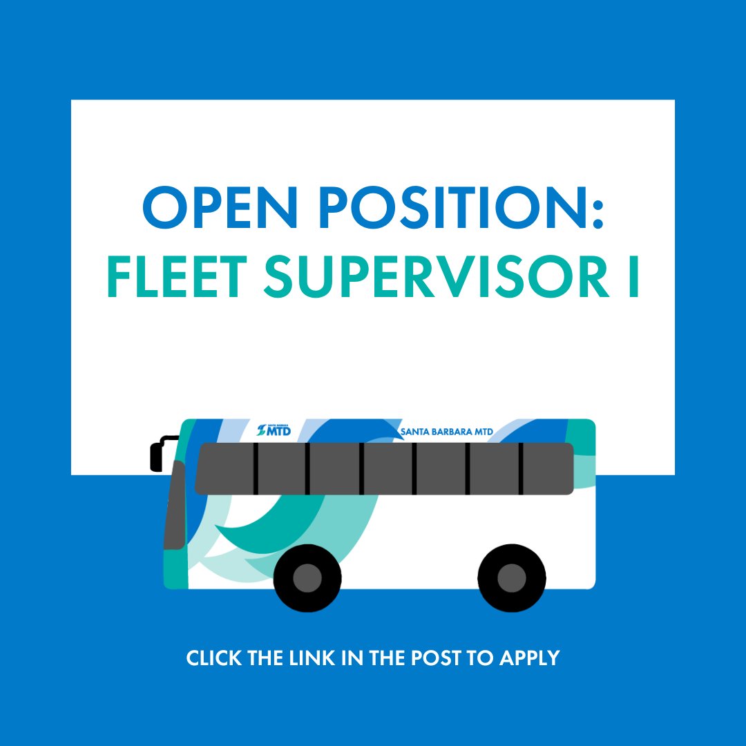 SantaBarbaraMTD's tweet photo. Do you have a heart for public transportation?
Are buses your passion and you have stellar management skills?
Santa Barbara MTD is #hiring for a Fleet Supervisor I!
Join the MTD team and apply today https://t.co/JJC77GhPrL
#careers
#sbmtd
#bus
#transit
#fleetsupervisor https://t.co/kBPCaXoh3b