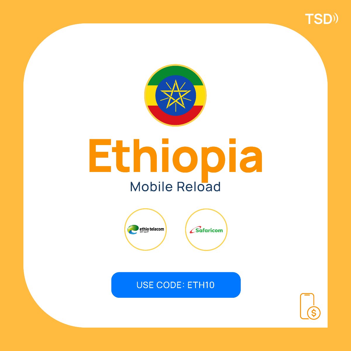 tsdtelecom1's tweet photo. WEEKLY PROMOTION: #Ethiopia - Reload

Enjoy 10% OFF when sending reload to Ethiopia before Dec 25

Use Code: ETH10

Instant airtime with 
#Ethiotelecom
#Safaricom

Visit https://t.co/kyjh8nagPT for details. 

#SendLoveBridgeDistances #tsdtelecom https://t.co/d3xDvqRCen