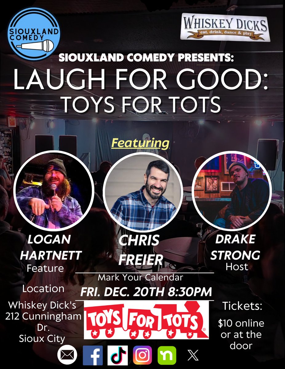 Telling jokes tonight with <a href="/ComedySiouxland/">Siouxland Comedy</a> at Whiskey Dick's! All money goes to Siouxland Toys for Tots