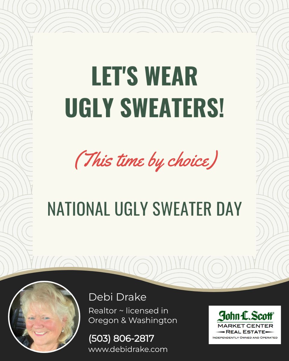DebiDrakeSLNHMZ's tweet photo. Time to raid those closets—today is National Ugly Christmas Sweater Day! 🎄✨ Pull out your wackiest, tackiest, and most festive sweaters and celebrate the holiday spirit in style (or lack thereof!).

#Debidrake #Debidrakerealestate #DoubleDhomesLLC #DebiDrakeSLNHMZ https://t.co/bOI4ghY8bS