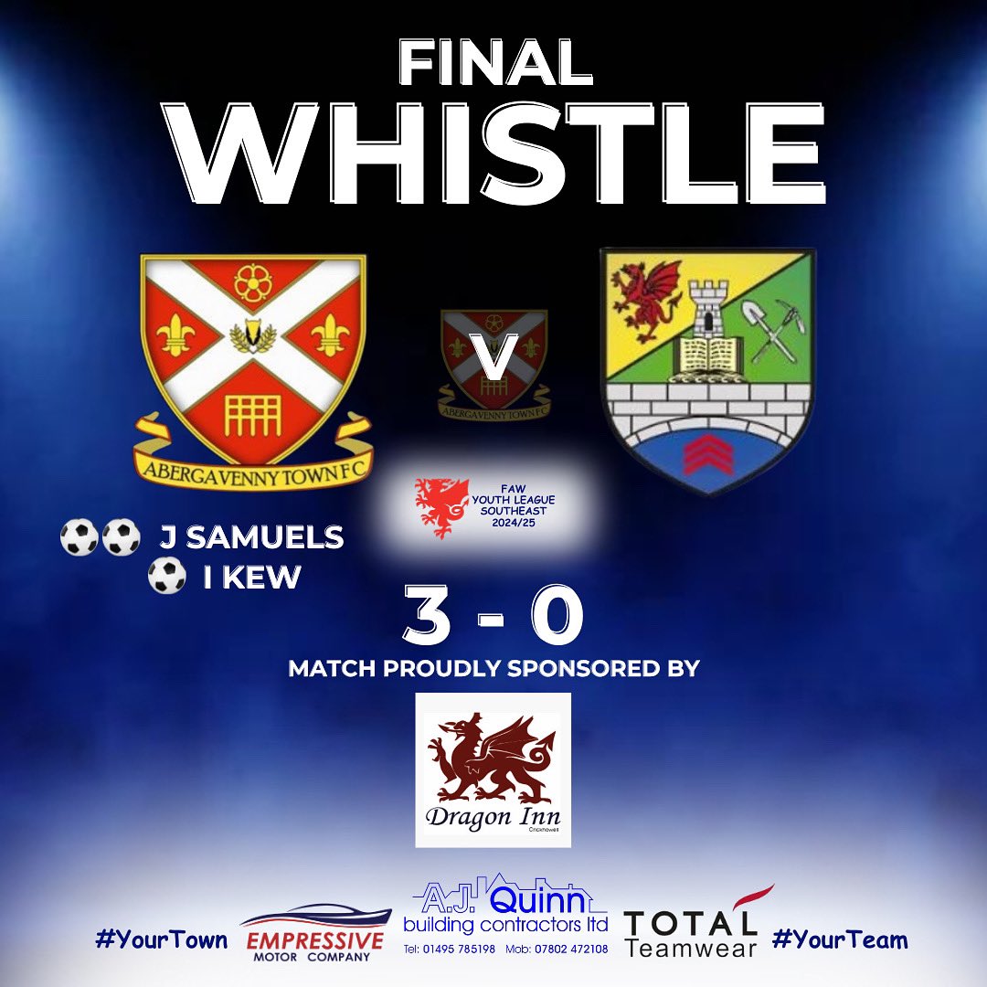 AbergavennyTFC's tweet photo. 🔹🔹FINAL WHISTLE🔹🔹

All 3 points tonight with a fantastic 3-0 home win against Canton FC for Abergavenny Town FC U19’s.

A big shout out to the Dragon Inn Crickhowell for sponsoring tonight’s match, hit the link below, like and follow them to keep up to date with all their news and offers.

https://t.co/3fJOoGgb5k

#yourtown #yourclub
#atfc #football #utt
#talkofthetown
#heartofthecommunity 
#finalwhistle