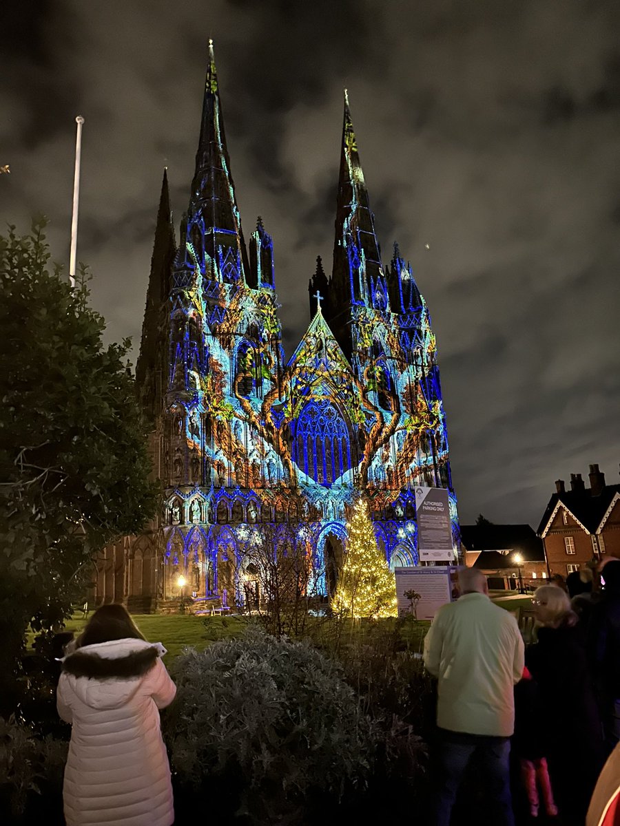 debrajane63's tweet photo. Lovely Christmassy evening @LichfieldCath #lightshow #christmastrees 🎄 https://t.co/gYs13cvnoM