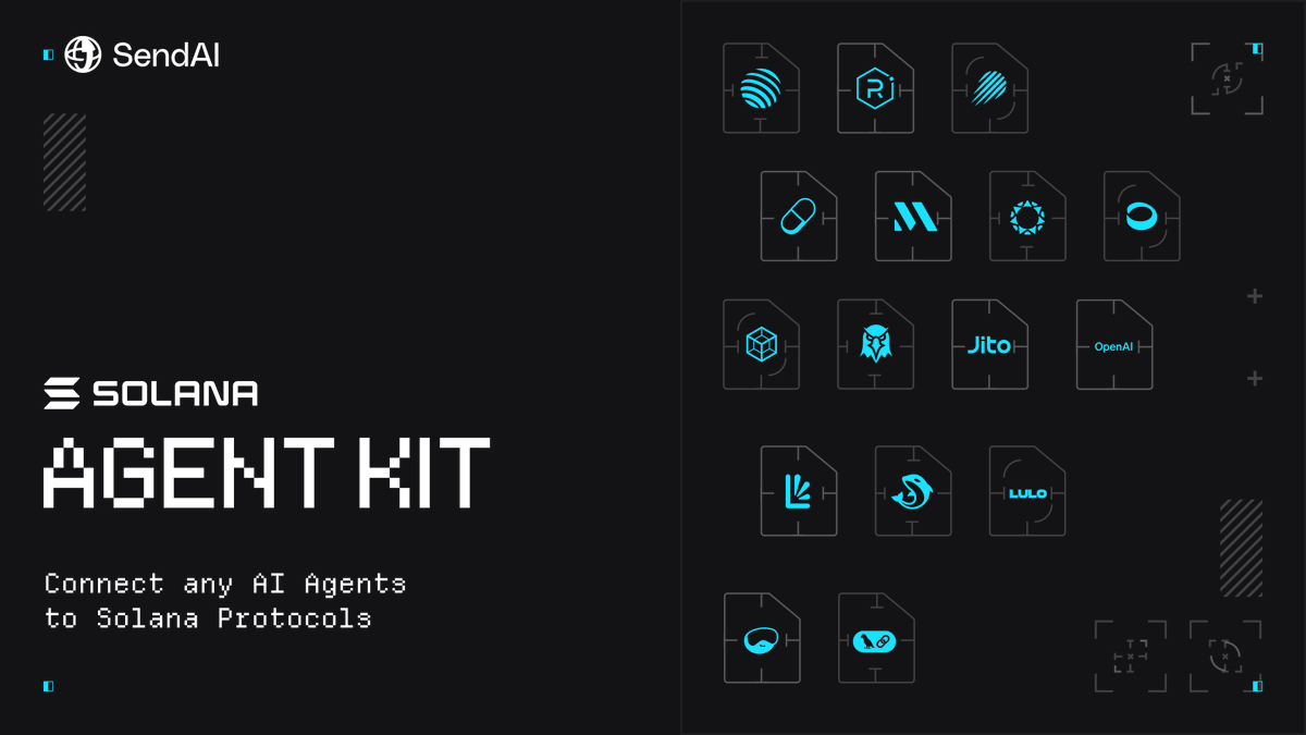 sendaifun's tweet image. Introducing the Solana Agent Kit –– an open-source toolkit for connecting AI agents to @solana.

Now, any agent, using any model –– can autonomously perform 15+ Solana Actions — like trade, launch tokens, lend, zk airdrop, execute blinks, and launch on AMM.

More 🧵
