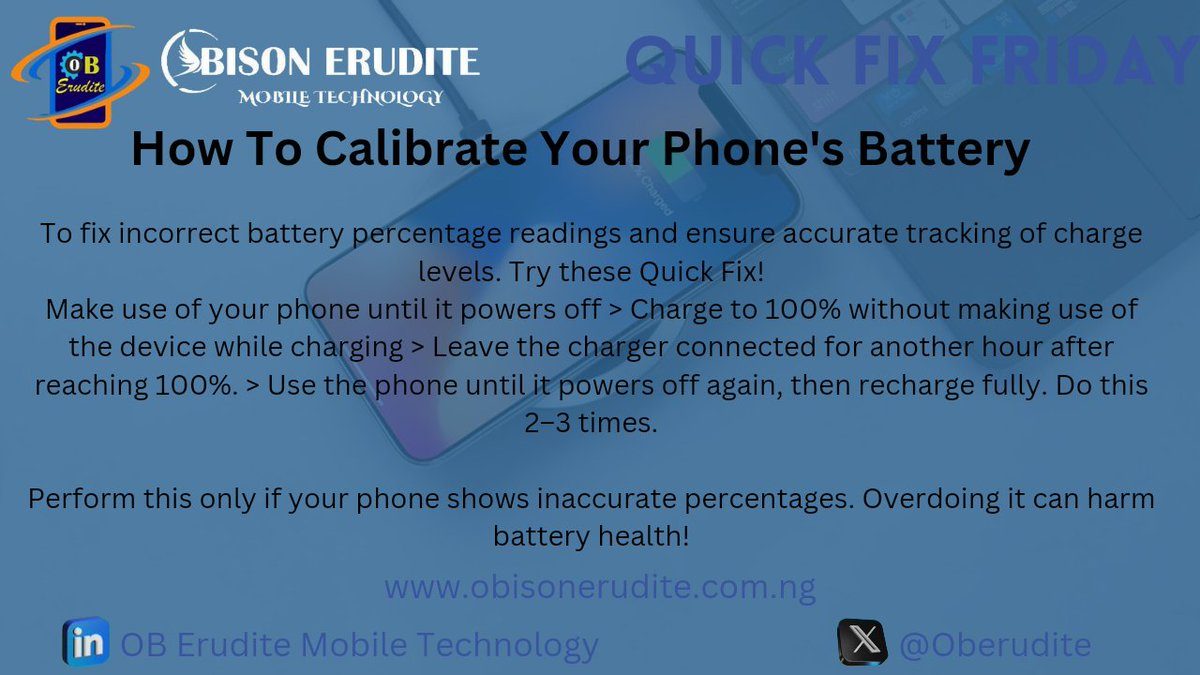 ObErudite's tweet image. 🎯 Quick Fix Friday Episode 15: Calibrate Your Phone&apos;s Battery! 📱

 Share this tip with someone who needs it! For more mobile tech tips, 🌐 Visit obisonerudite.com.ng for full details!

#QuickFixFriday #BatteryCalibration #PhoneTips #MobileTech #ObisonErudite