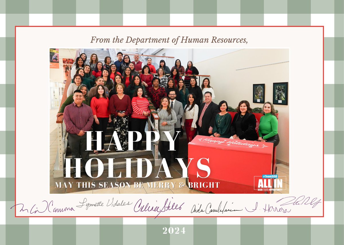 #TeamSISD From all of us in the Department of Human Resources, we wish you and your families a Merry Christmas and a Happy New Year!🎄🎅✨🎇 #ALLIN #happyholidays2024