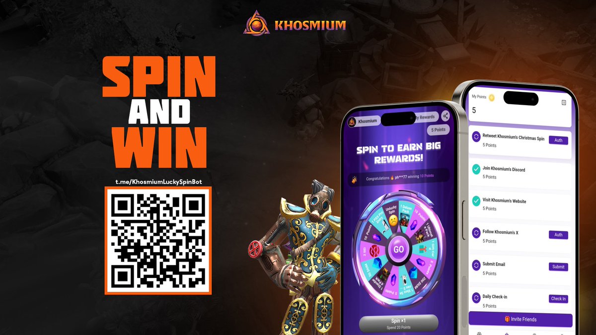 🎉 Spin and Win with Khosmium! 🎉

🌀 Ready to test your luck and grab exciting rewards? 

📲 Scan the QR code or click the link below to start spinning:
👉 t.me/KhosmiumLuckyS…

✅ Invite friends, Retweet, join Discord, visit the website, and more to rack up points fast and
