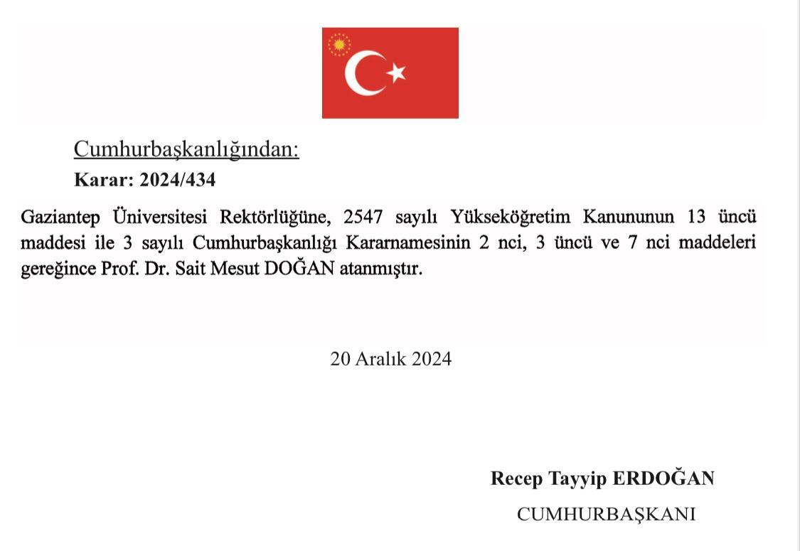 Gaziantep Üniversitesi Rektörlüğü'ne atanmış olmaktan onur duymaktayım.  Beni bu göreve layık gören Cumhurbaşkanımız Sayın Recep Tayyip ERDOĞAN'a ve YÖK Başkanımız Sayın Prof. Dr. Erol ÖZVAR'a teşekkür ediyorum.