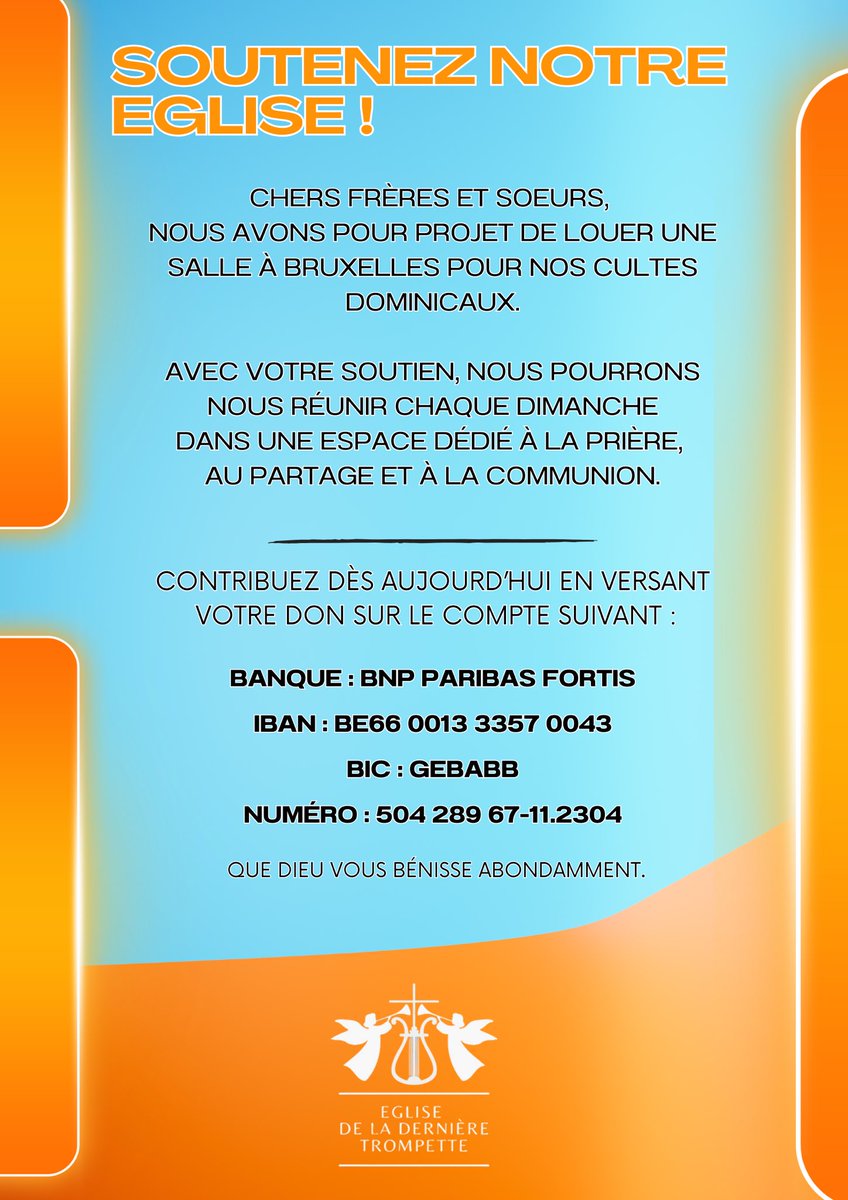 ETrompette's tweet photo. Chers frères et sœurs, un projet nous tient à cœur : louer une salle à Bruxelles pour nos cultes dominicaux. Ensemble, offrons un lieu dédié à la prière et à la communion. 

Soutenez-nous en faisant un don : IBAN BE66 0013 3357 0043. 
Merci et que Dieu vous bénisse ! https://t.co/MOaO6ZSdsK