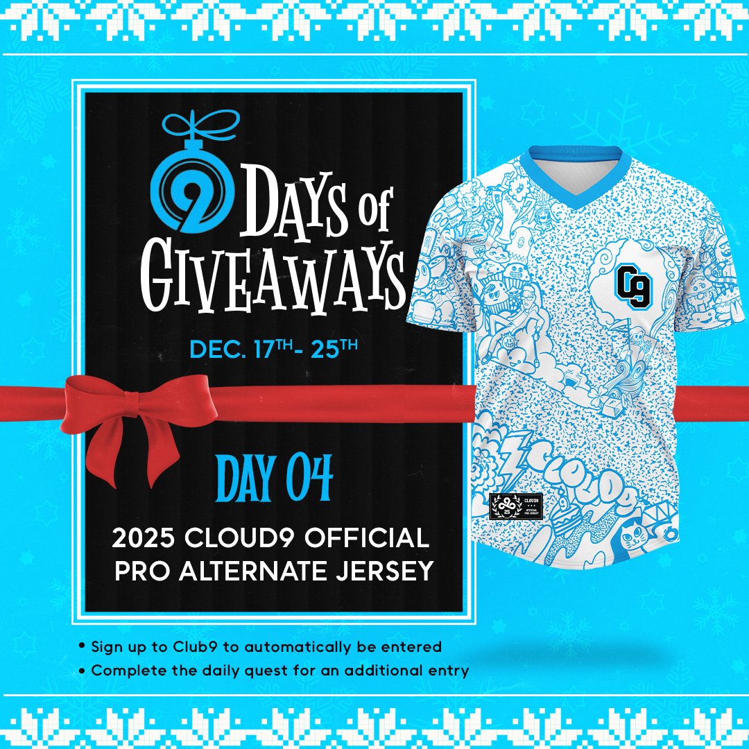 Cloud9's tweet photo. Think you can predict the future? 🔮
Day 4 of #Club9DaysofGiveaways brings a chance to win the 2025 Cloud9 Pro Alternate Jersey!
Club9 Members: Tell us which C9 player will dominate next season 👇 https://t.co/FWFKFQHFfI