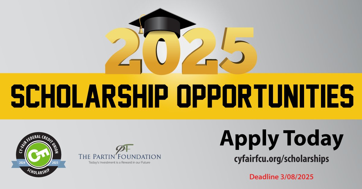 CyFairFCU's tweet photo. Cy-Fair FCU, the Partin Foundation, and the Dickey Family will award a variety of scholarships. Each scholarship is tailored to suit a specific need within our community. Visit our site for details and to apply. Deadline is 3/08/25. https://t.co/tXz10cc9gz https://t.co/Fk9H40rSCZ