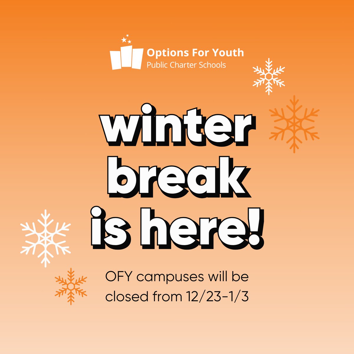 OFYSchools's tweet photo. ❄️ Finally!!~ 🎉 No school from December 23 to January 3. Take this time to relax, recharge, and spend time with family and friends. 🧡✨ Classes resume on January 6—we can’t wait to see you back! 📚👋 https://t.co/dWPYN0qNZf