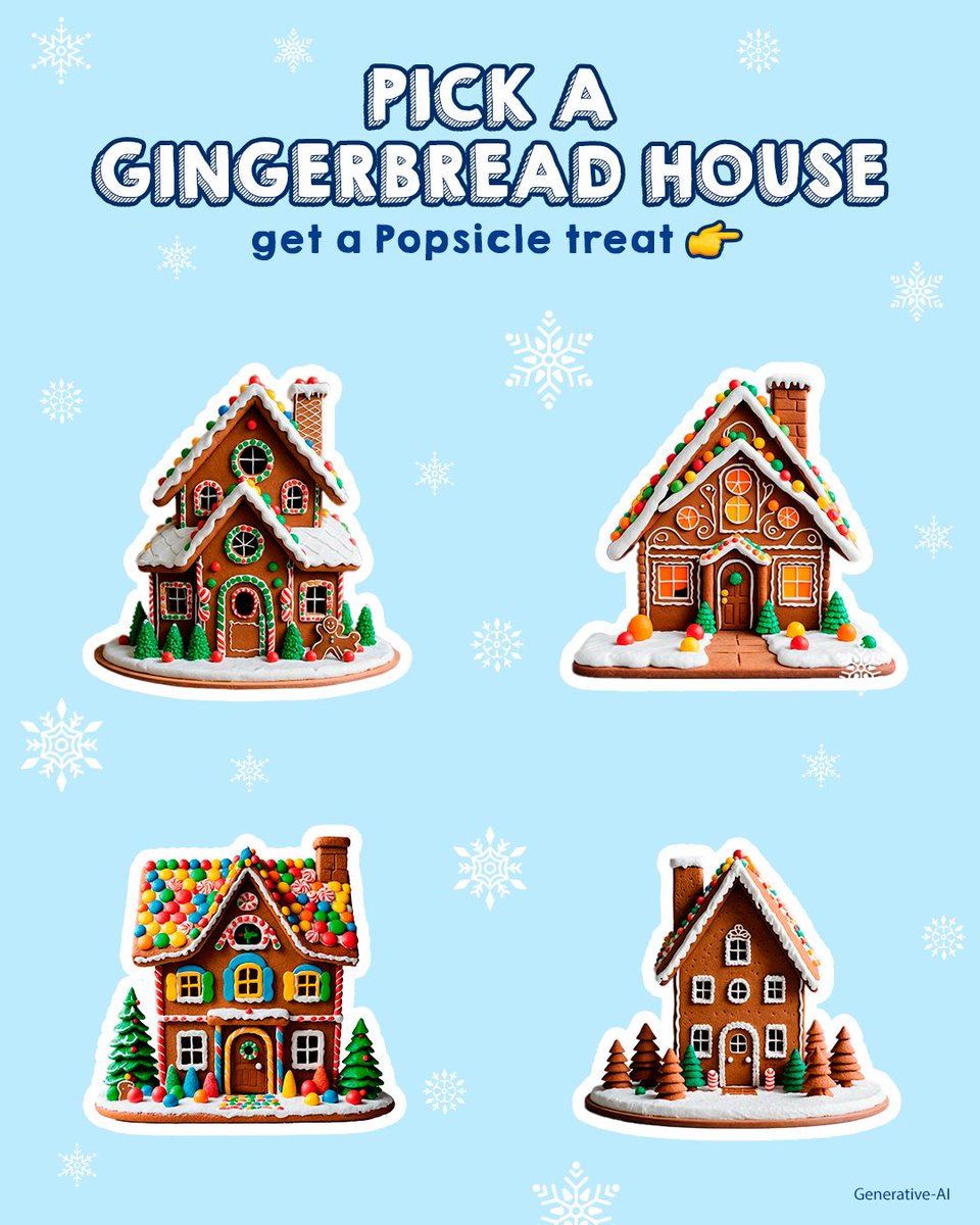 Popsicle's tweet image. It’s the ultimate holiday challenge: Pick a gingerbread house, get a Popsicle treat! 🍓❄️ Which flavor will you be enjoying while building?