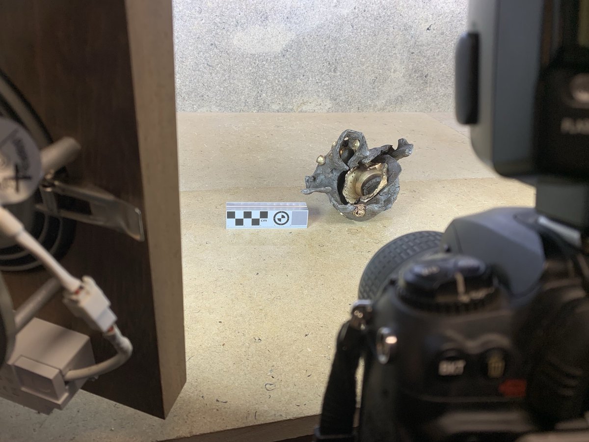 Continuing to catalogue the conservation to date of our September 2024 V2 rocket excavation at Westerham. Item being photographed is a burner cup with the remains of the central liquid oxygen diffuser #Archaeology