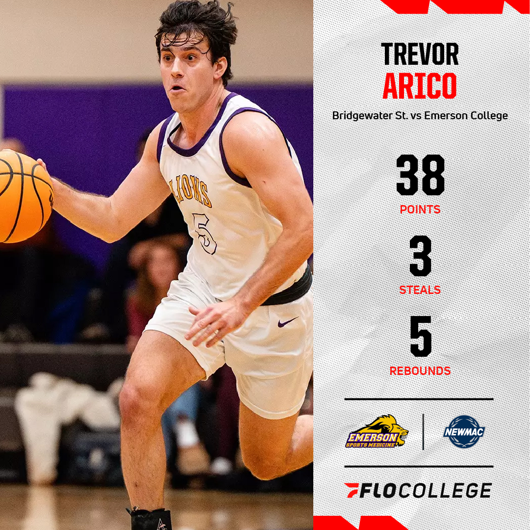 FloCollegeHoops's tweet photo. 38 POINTS?!!!๐ณ
Trevor Arico poured in a career-high 38 points while adding five rebounds, three steals, and two assists as Emerson edged Bridgewater State 101-98. He connected on 8-of-11 from beyond the arc and shot 64.7% from the floor.
#newmachoops https://t.co/6SsLA4D1jZ