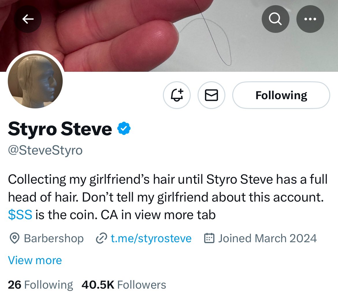 I’ve been loving this new account named Styro Steve. He went from 0 to over 40k followers in a couple of days. Not only is he funny but he’s got big named accounts to engage including Litecoin and greg. 

I’ve never bought a meme coin and probably never will again but decided to