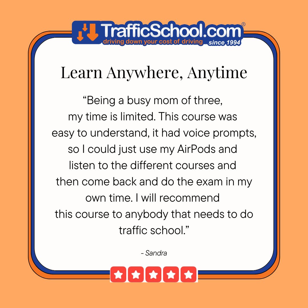 trafficschooled's tweet image. 🌟 Thank you, Sandra! 🌟

We&apos;re thrilled our easy-to-follow course with voice prompts fit seamlessly into your busy life. Your recommendation means so much! 🙌🏼

#TrafficSchoolcom #TrafficSchool #ConvenientLearning #OnTheGoEducation #RoadSafety
