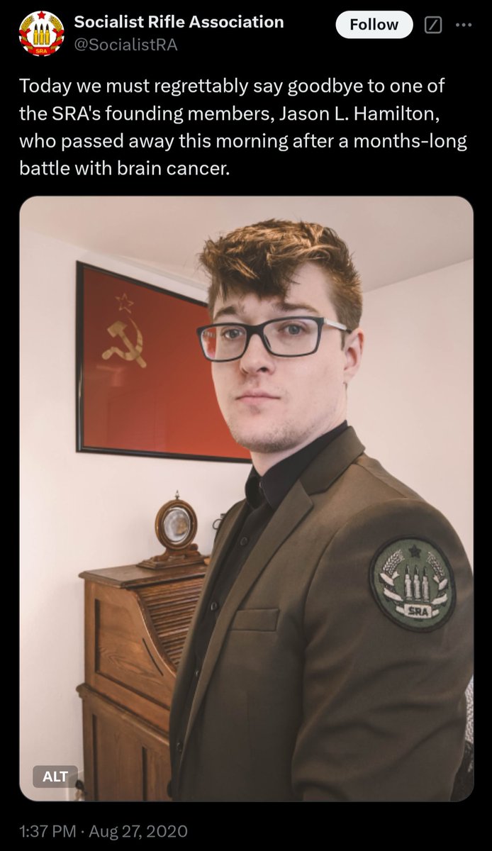 <a href="/rrcollectiv/">Red Rifle Collective</a> <a href="/SocialistRA/">Socialist Rifle Association</a> Regardless of your aims as a separate organization it's disgusting to use the image of a deceased member who dedicated his life to the SRA, going as far as to crop out the insignia he wore with pride. Don't tarnish the legacy of actual comrades to further your agenda.