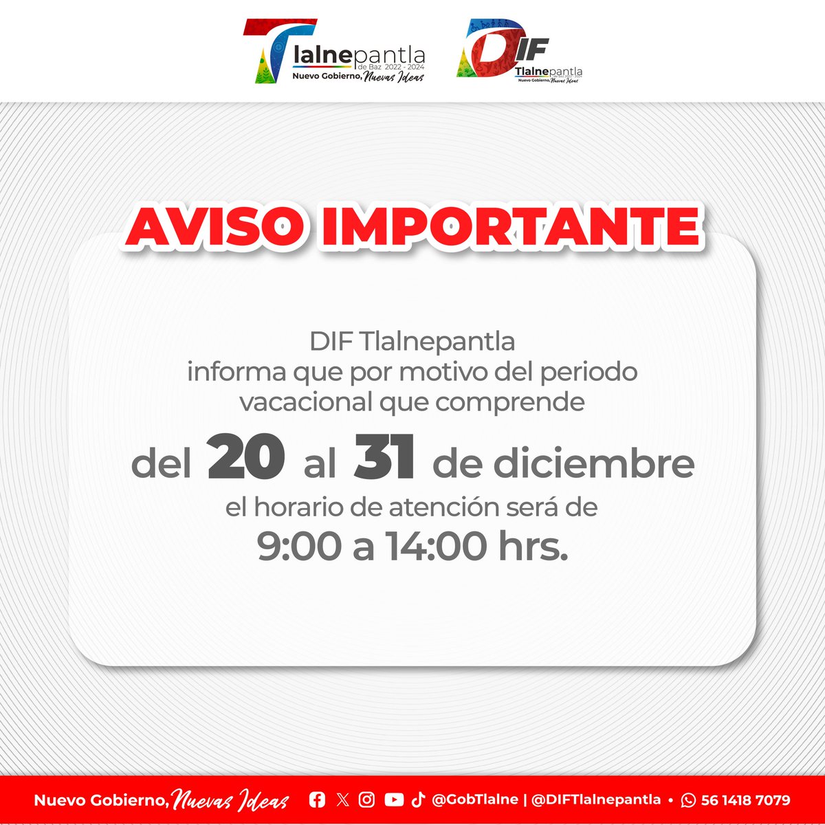 Te informamos que durante el periodo vacacional que comprende del 20 al 31 de diciembre, nuestro horario de atención será de lunes a viernes, de 9:00 a 14:00 horas. 

Estaremos encantados de servirte en ese horario.