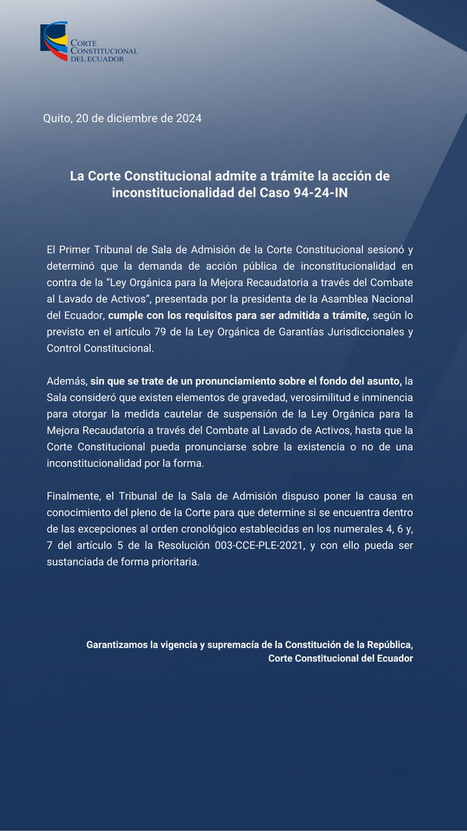 🔵#BoletínCC | La Corte Constitucional del Ecuador admite a trámite la acción de inconstitucionalidad del Caso 94-24-IN.

Accede al texto íntegro, AQUÍ ⬇
bit.ly/4fsrOXx

Lee más ⬇