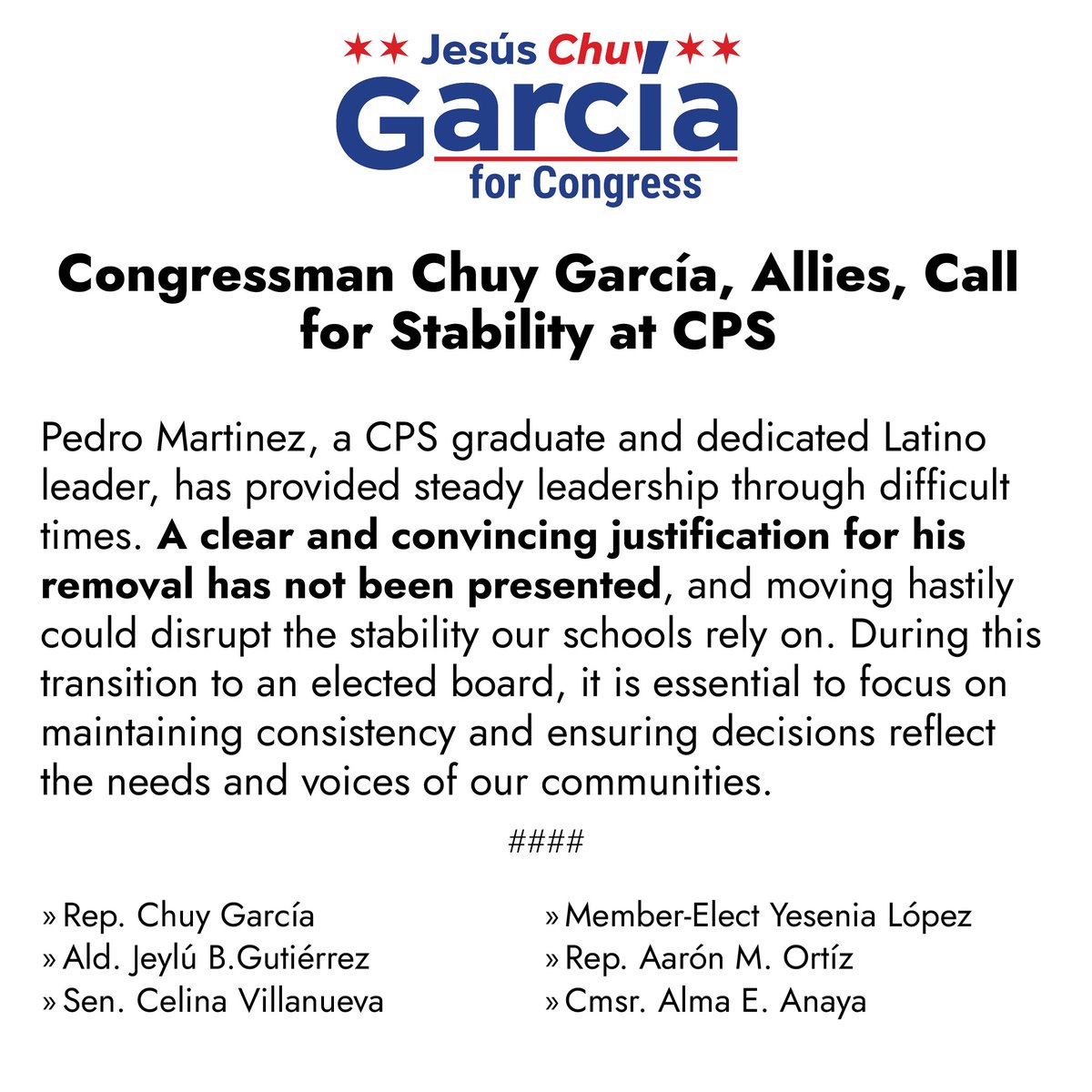 Member-Elect Yesenia Lopez, Ald. Gutierrez, Sen. Villanueva, Rep. Ortiz, Cmsr. Anaya, and I call for stability at CPS.  Leadership transitions must prioritize our students and communities—haste and uncertainty are not the answer. @yesenia4schools #Chicago #CPS
