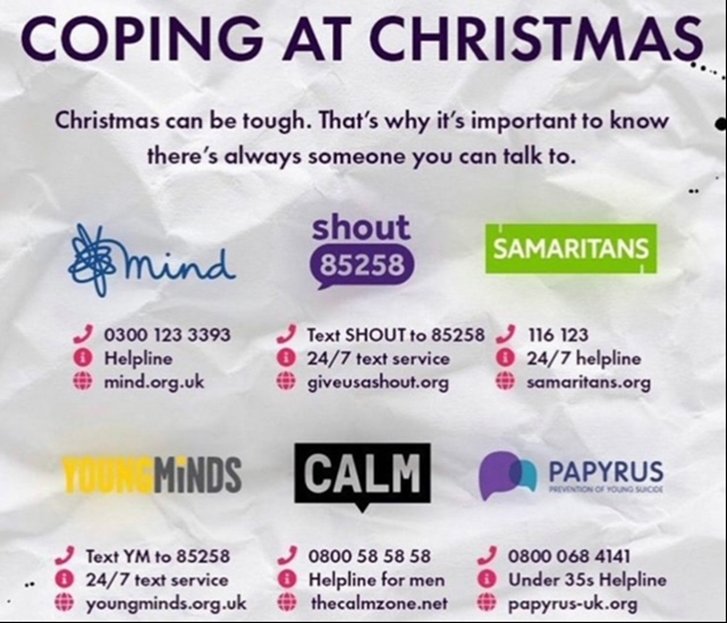 Because it may not be the most wonderful time of the year. Thank you to all who work or volunteer with these and other organisations who will be providing a helping hand and a listening ear to those who might need.