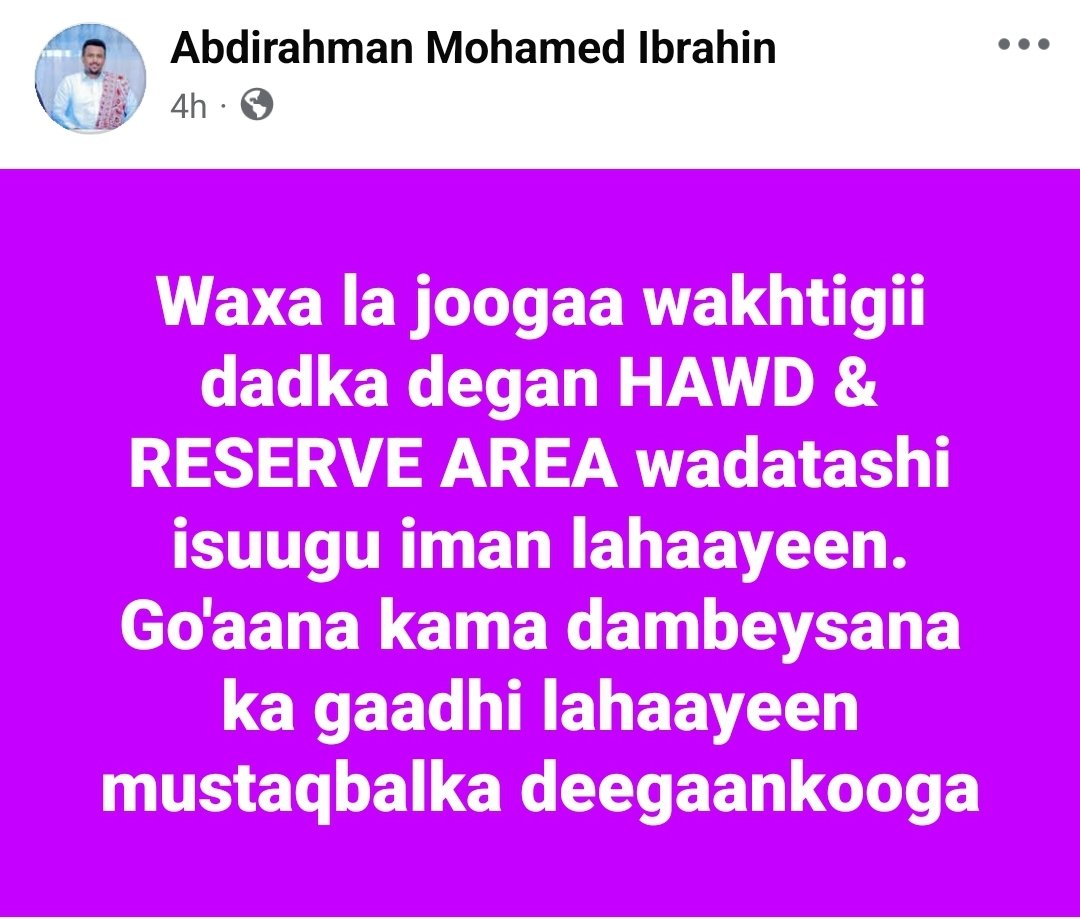 Waxa la joogaa wakhtigii dadka degan HAWD AND RESERVE AREA wadatashi isuugu iman lahaayeen. Go'aana kama dambeysana ka gaadhi lahaayeen jidka iyo jihada mustaqbal ee deegaankooga.