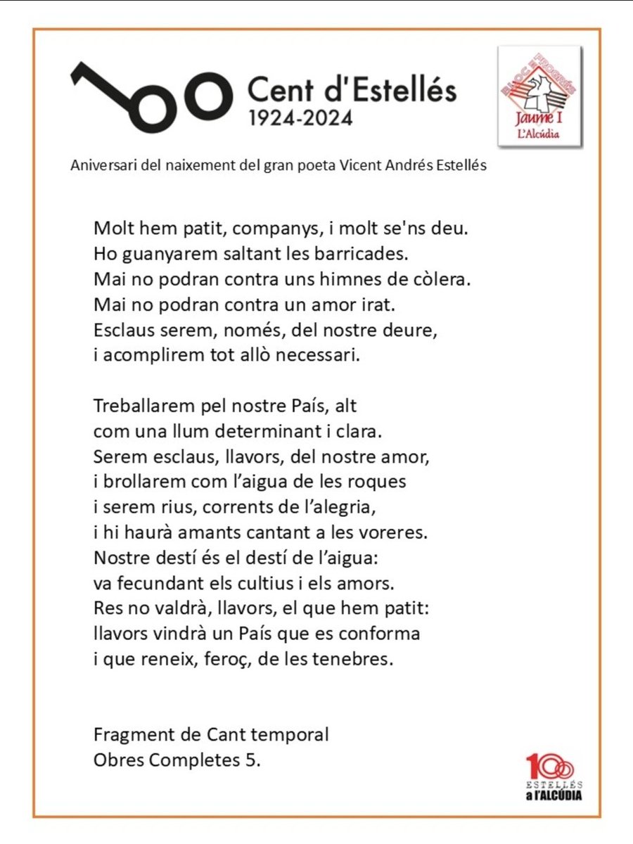Acomiadem l'Any Estellés amb la certesa que el nostre destí és patir, renàixer i treballar pel País Valencià amb un amor determinant i clar. Serem brolladors que fecunden els cors d'estima cap a tot allò que ens identifica com a poble.
Per sempre Estellés.