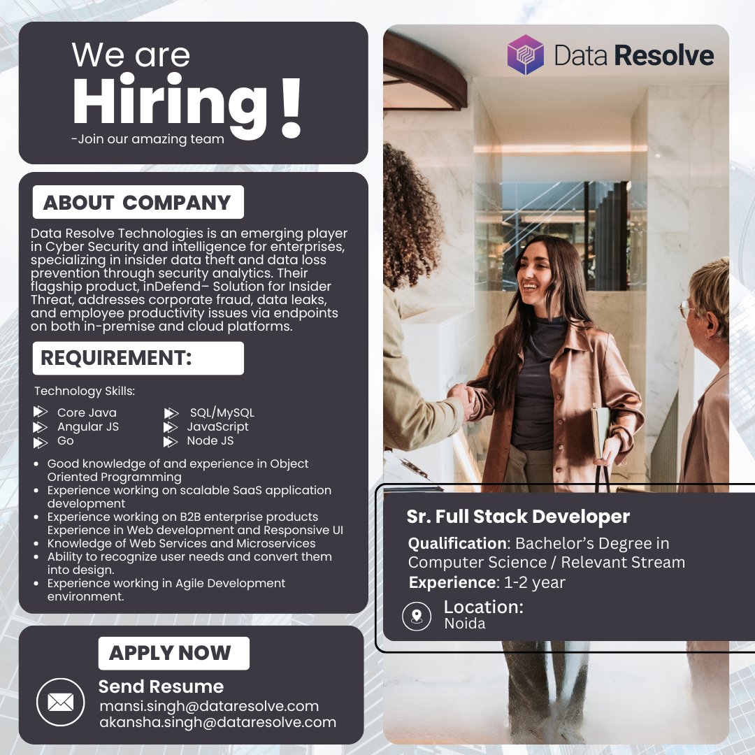 Data Resolve Technologies Pvt Ltd (@dataresolve) on Twitter photo 📣 We're on the hunt for a talented Sr. Full stack Developer to join our dynamic team! 🚀
Join Data Resolve Technologies, One of SME's Great Companies.
The fastest-growing data security organization.
Send your resume to Akansha Singh akansha.singh@dataresolve.com 📣 We're on the hunt for a talented Sr. Full stack Developer to join our dynamic team! 🚀
Join Data Resolve Technologies, One of SME's Great Companies.
The fastest-growing data security organization.
Send your resume to Akansha Singh akansha.singh@dataresolve.com