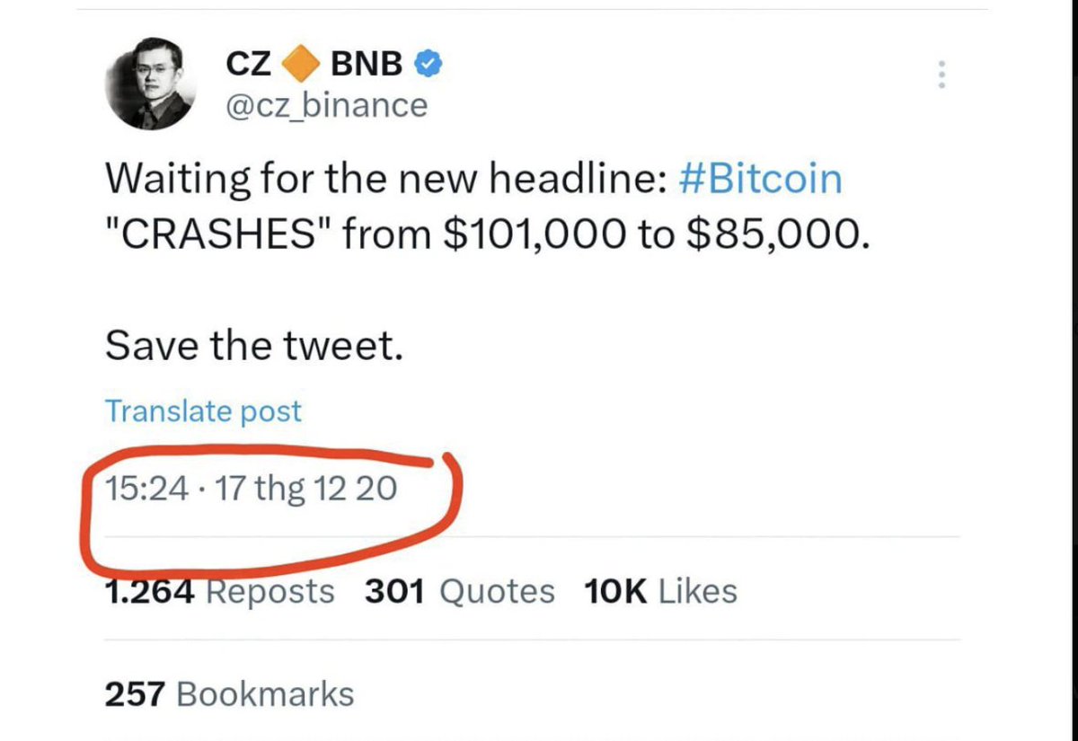 phamduydong179's tweet photo. Từ hôm qua tới hôm nay, thấy tràn ngập hình ảnh: CZ dự đoán #BTC từ 101k về 85K.
=> Mình cũng không tìm trên X của CZ xem có port này hay không! Nhưng nếu có thì nó cũng từ tháng 12/2020. Trong khi đỉnh của chu kỳ đó kết thúc vào 2021 rồi. Chả có gì liên quan cả. 
(rất nhiều người hỏi mình là CZ nói vậy thì Bitcoin có về đó thật không?) Mình chỉ có thể trả lời là các mức hỗ trợ của giá #Bitcoin là 93K - 86K - 80K và 74K. Còn việc nó về tới đâu mới lên lại thì chịu không biết!!!