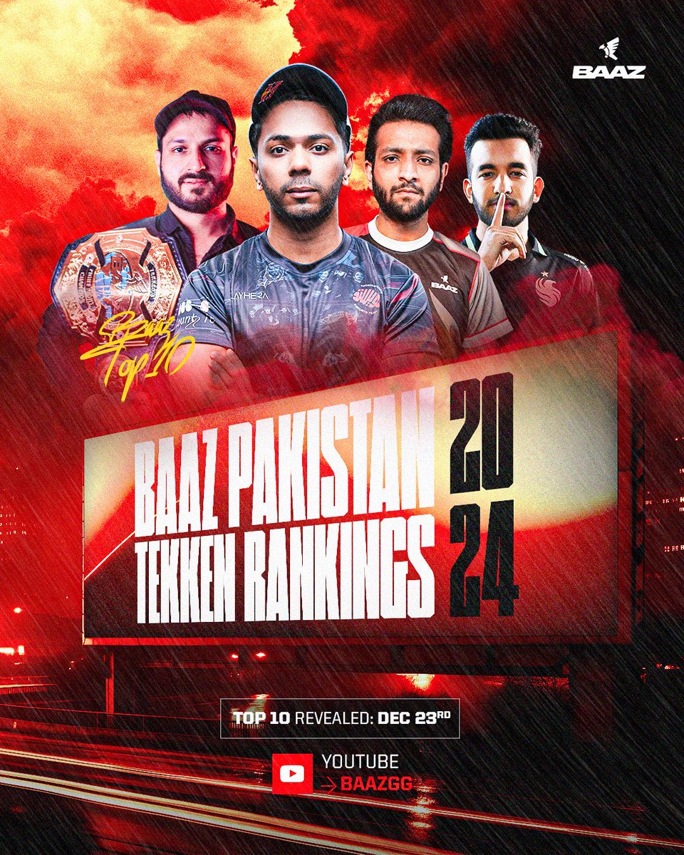 🚨🇵🇰 2024 PAK TEKKEN RANKINGS 🇵🇰🚨

The end of the year is upon us, meaning it’s time once again to reveal Pakistan’s BEST Tekken Players for 2024! Tune in on Monday for the Top 10 reveal 👊👊👊

🗓️ DEC 23 - MONDAY
📺 youtube.com/@baazgg