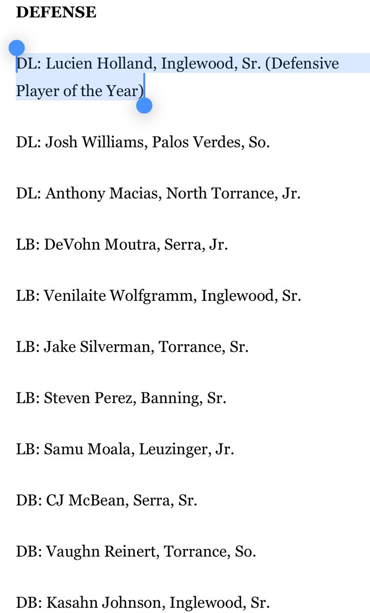 Lucien Holland (@lucien9holland) on Twitter photo Very Blessed and Humble for <a href="/DailyBreezeNews/">Daily Breeze</a> recognizing me as the All-Area Defensive Player Of The Year
<a href="/DamianCalhoun/">Damian Calhoun</a> Very Blessed and Humble for <a href="/DailyBreezeNews/">Daily Breeze</a> recognizing me as the All-Area Defensive Player Of The Year
<a href="/DamianCalhoun/">Damian Calhoun</a>